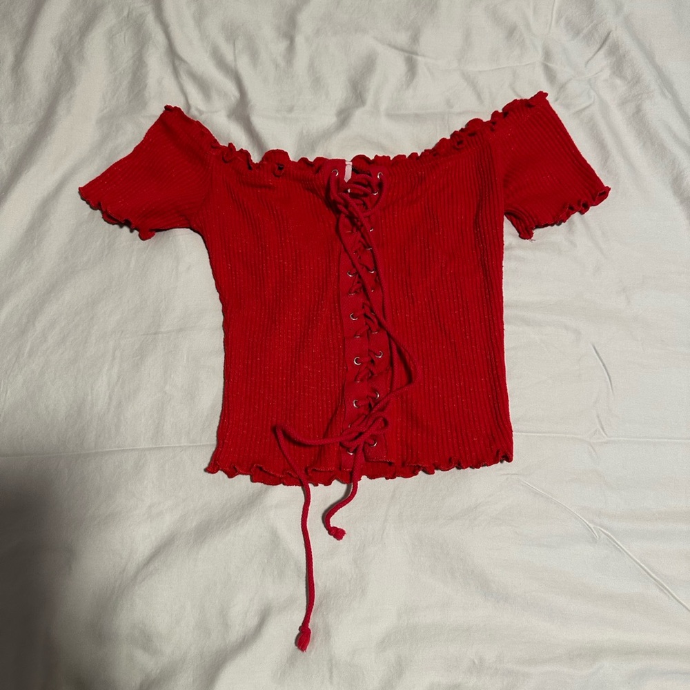 off the shoulder, red top